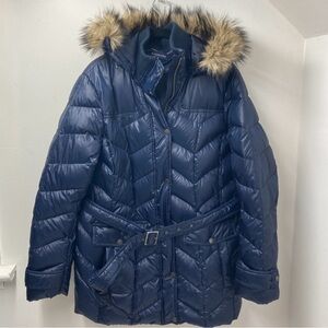 Lands End Blue Down Belted Puffer Coat Womens Size L